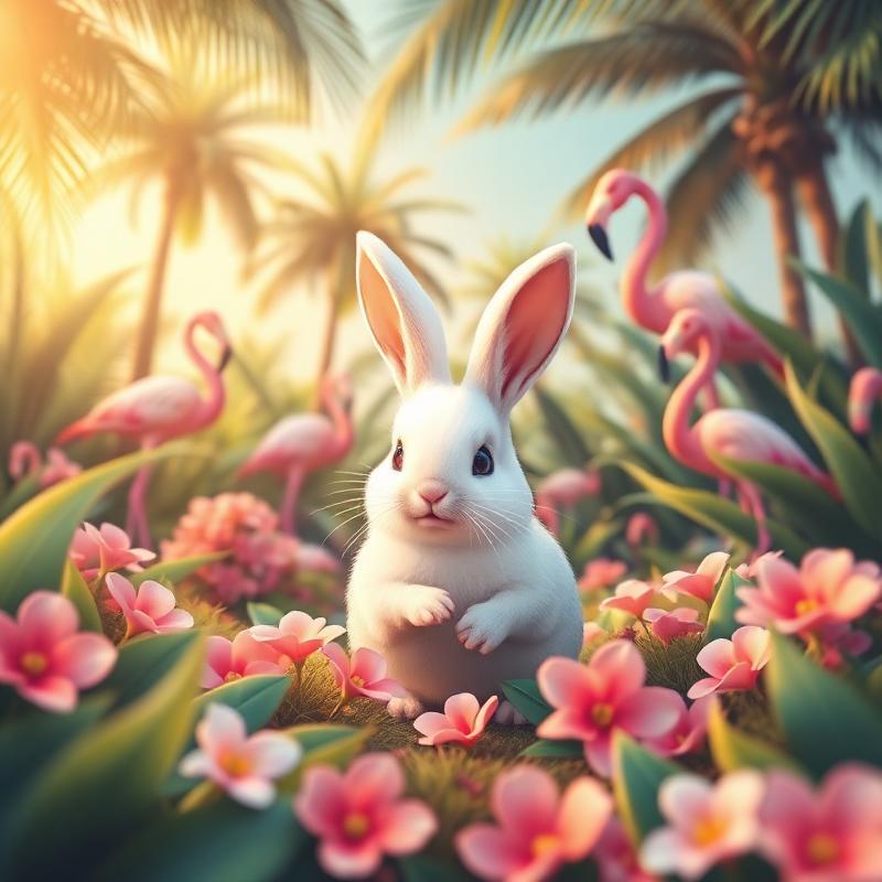 Bunny in tropical garden with flamingos